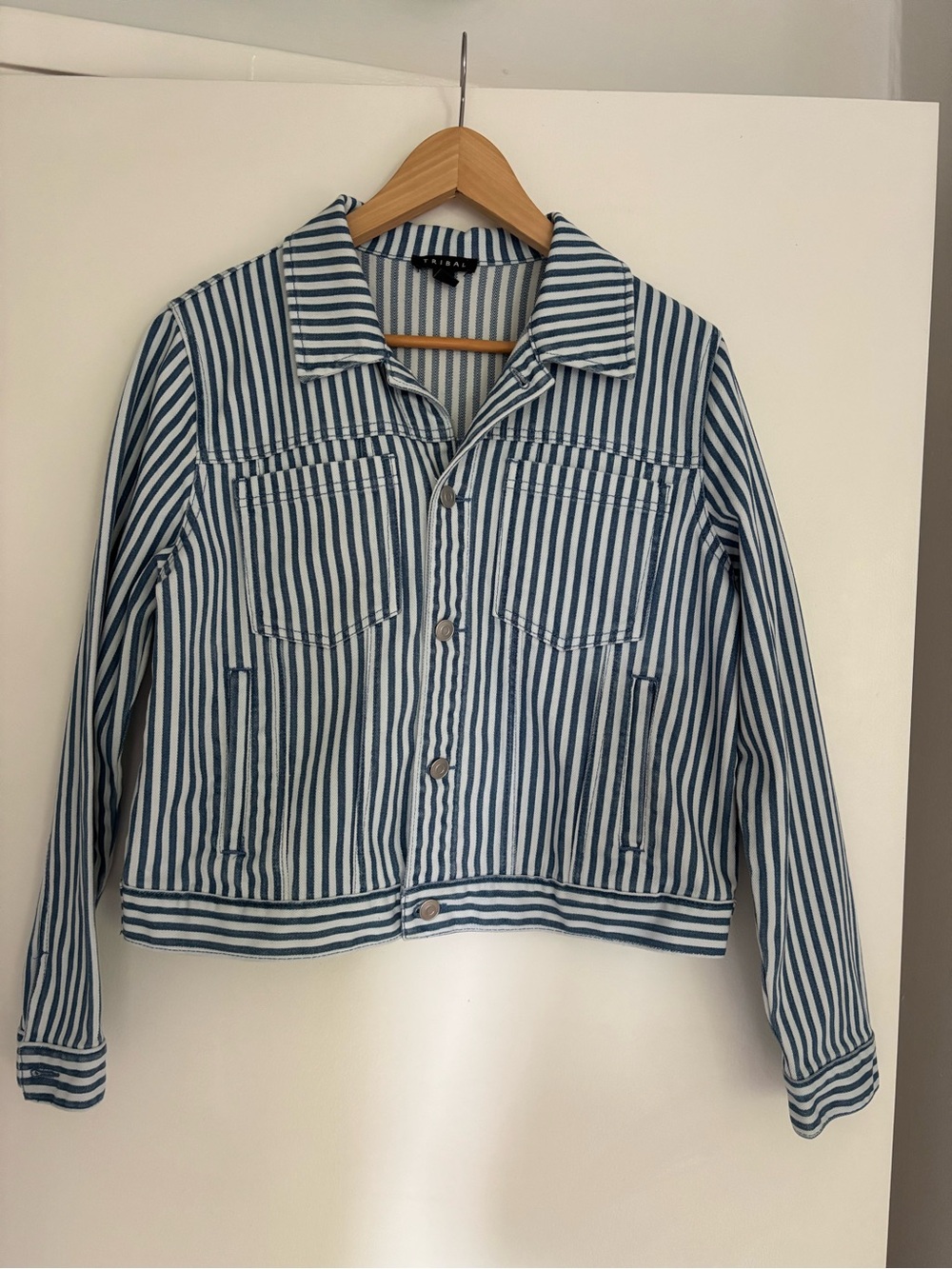 Striped Blue and White Denim Jacket - Women's Lightweight Coat